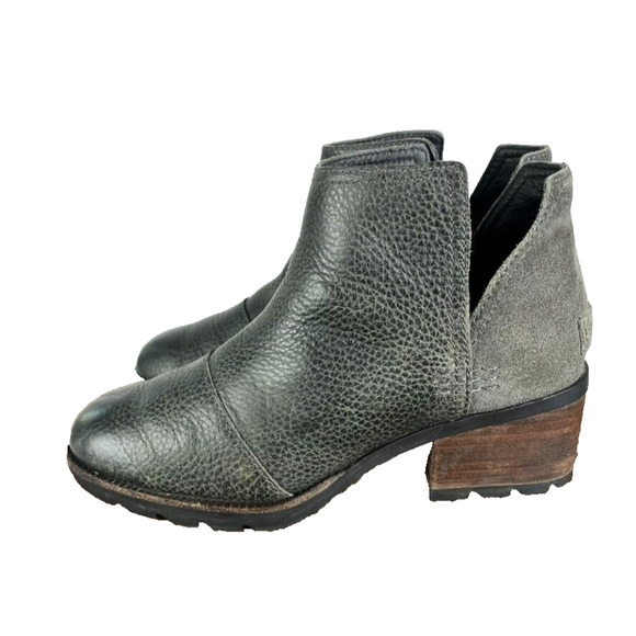 Sorel Ankle Boots Shoes Womens 6 Cate Cut Out Black Gray Leather Slip On Cap Toe - Picture 1 of 9